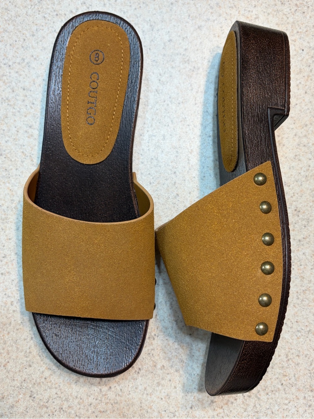 COUCO Tan Slide Mules with Stud-Trim Band